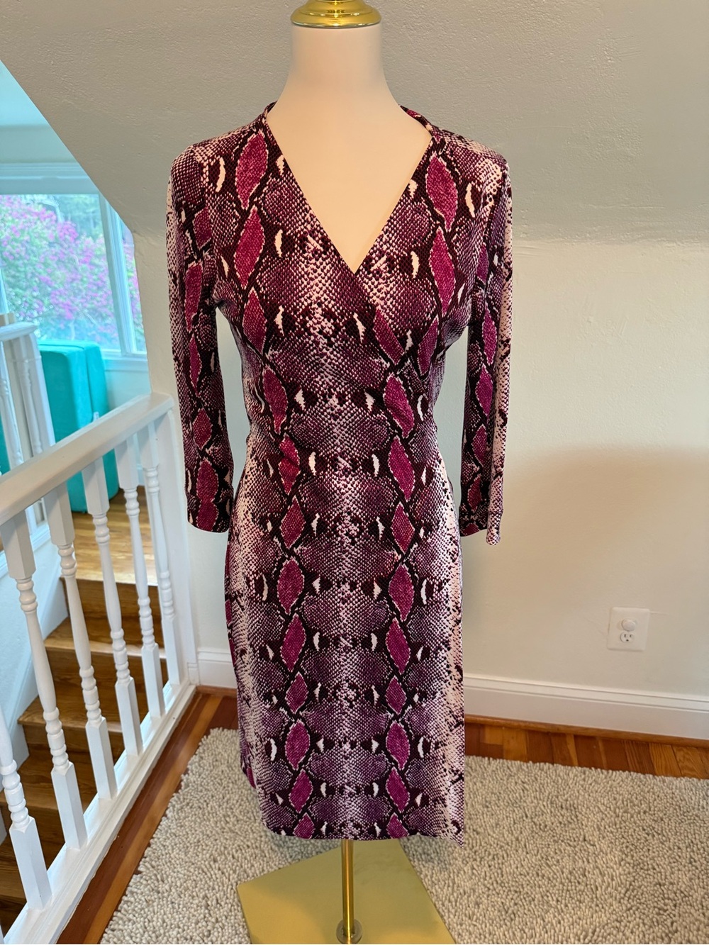 Diane Von Furstenberg Purple Snake-Print Long Sleeve Silk Dress Size 10